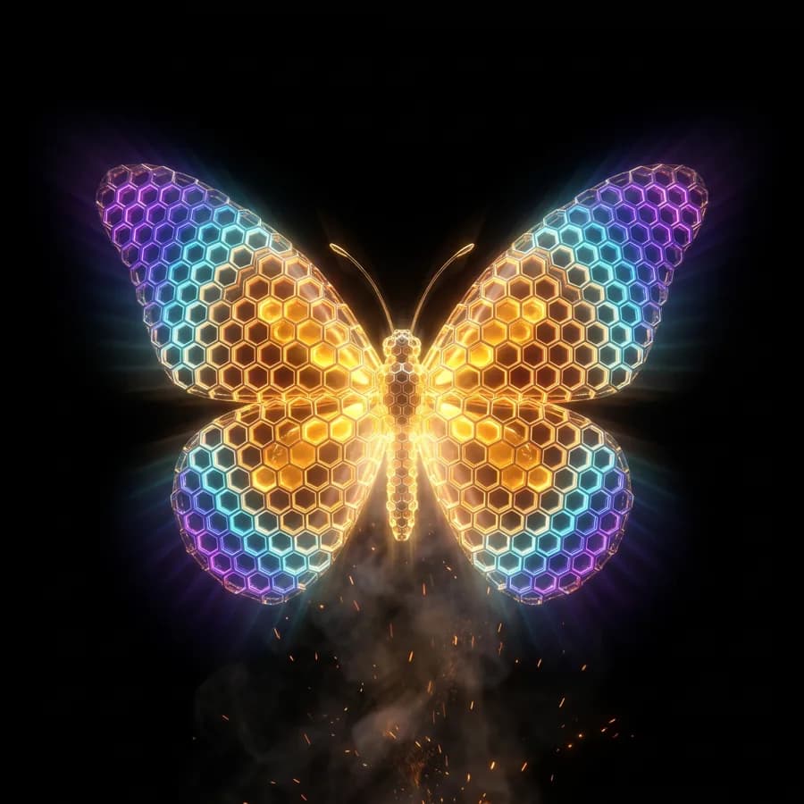The Rezidue butterfly rendered as a honeycomb of glowing hexagonal cells