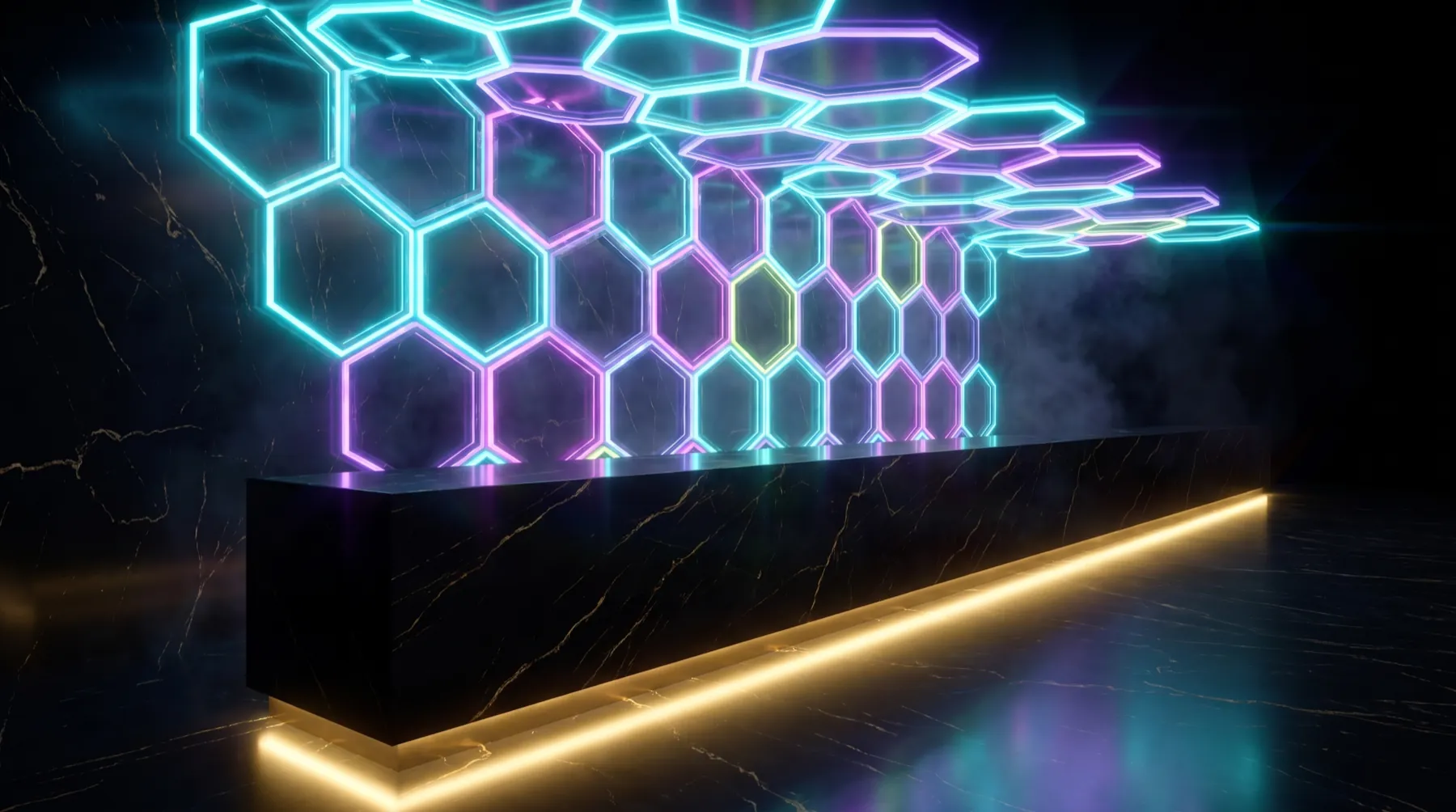 The Rezidue checkout counter in Hell's Kitchen, lit from beneath and backed by a wall of glowing hexagonal cells