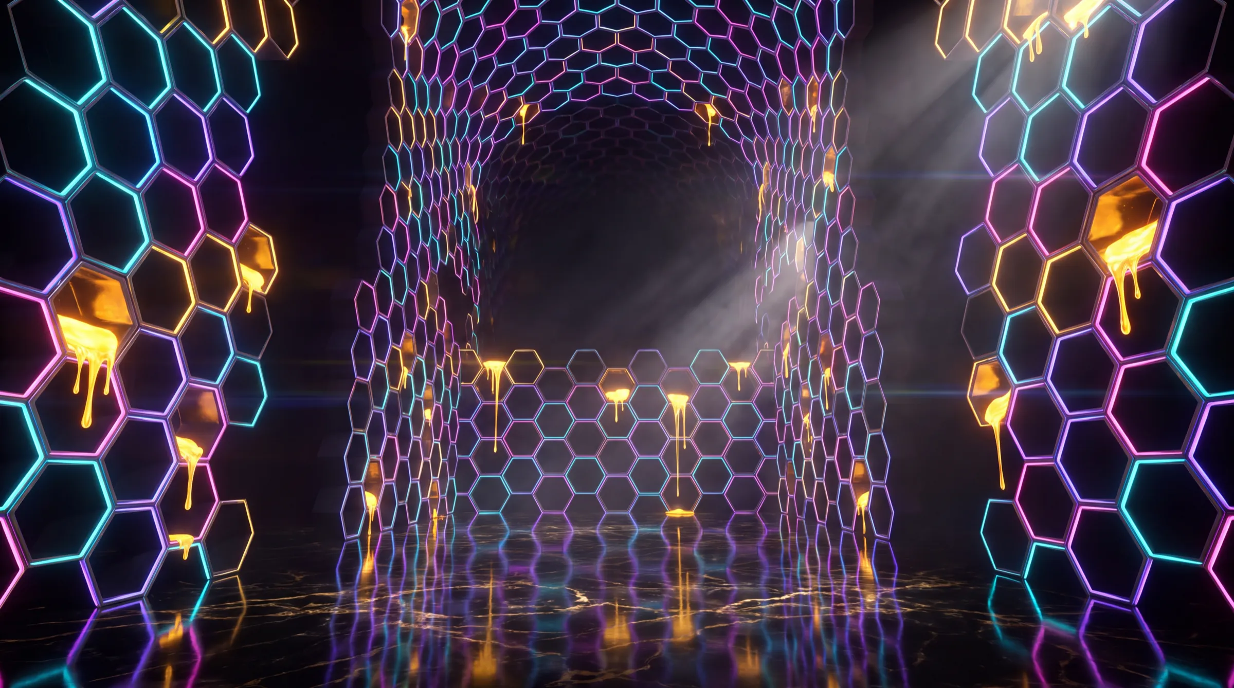 The interior of the hive, a vaulted chamber of hexagonal cells glowing in cyan, violet and gold