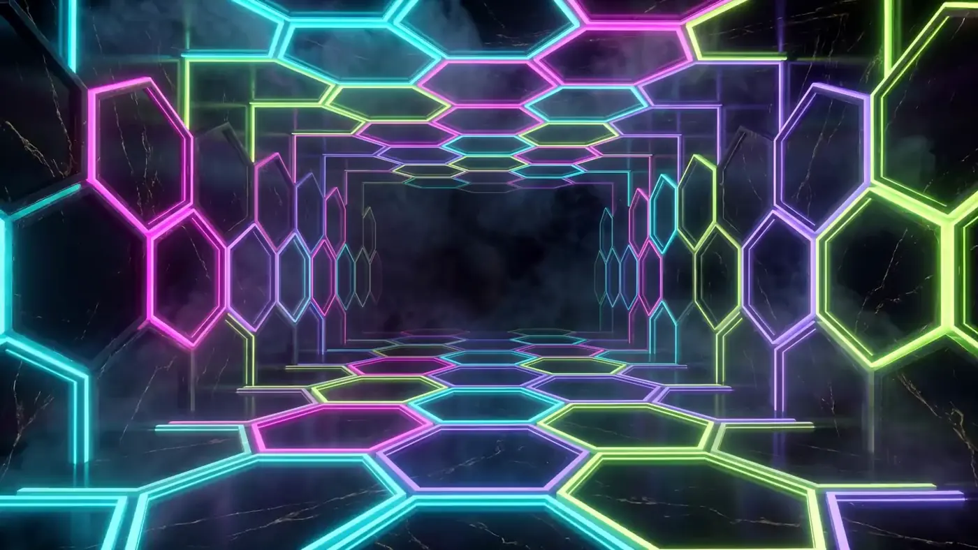 A cathedral of glowing hexagonal honeycomb cells, the visual world of the Rezidue rewards program
