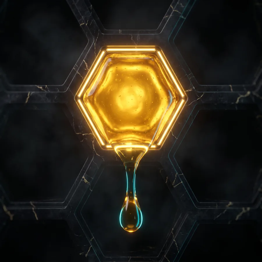 A single honeycomb cell filled with glowing nectar, the visual shorthand for one Rezidue point